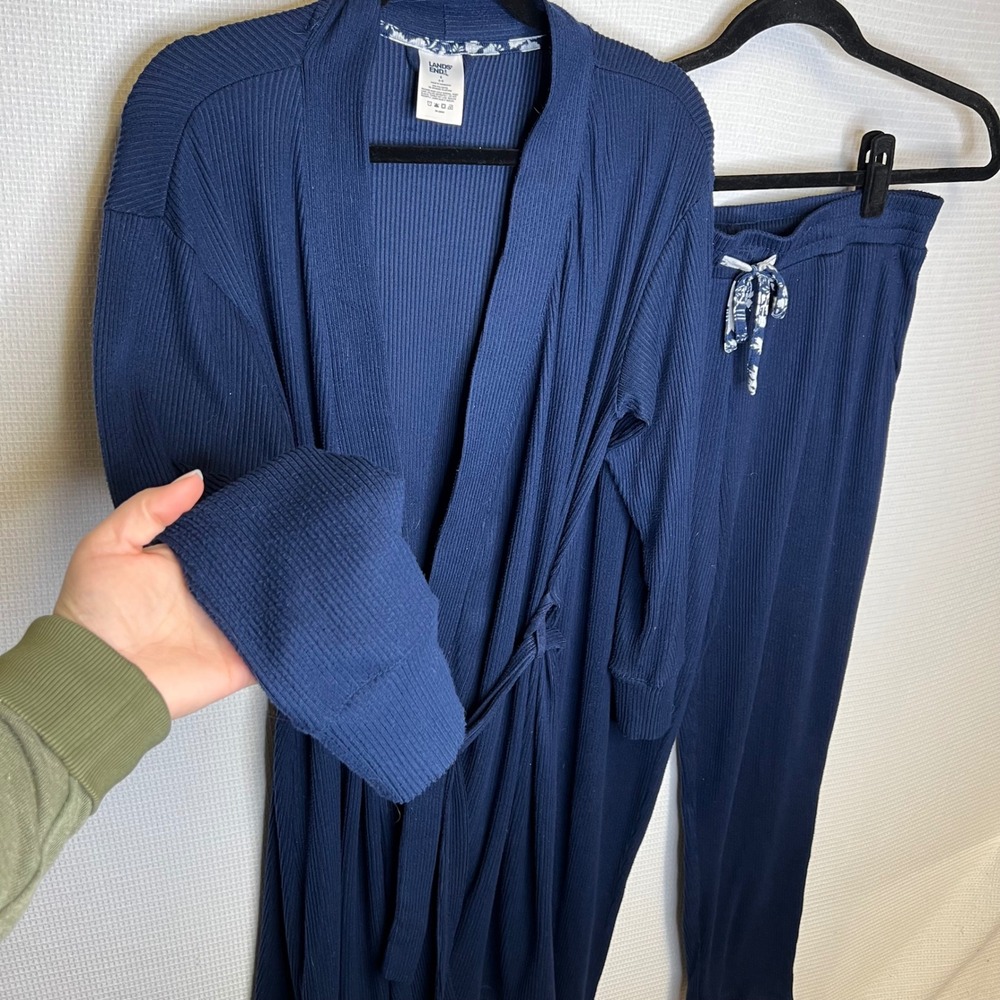 Lands End Womens Navy Blue Ribbed Knit Robe Pajama Pants Lounge Set‎ Size S 6-8